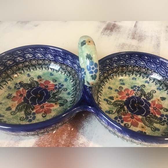 Polish Pottery Unikat Condiment Bowls Handled Floral - Picture 3 of 8
